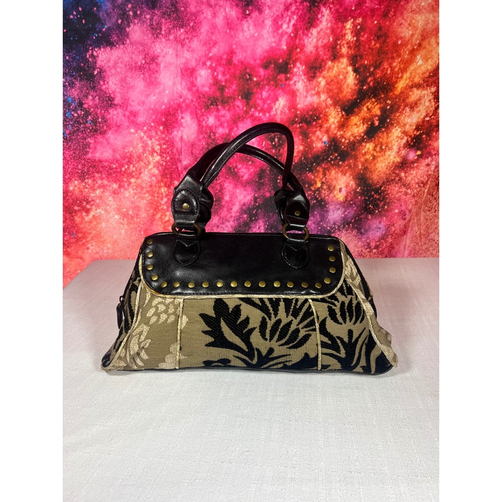 Maggie B Satchel Handbag Olive Green Black Tapestry Floral Studded Faux Leather